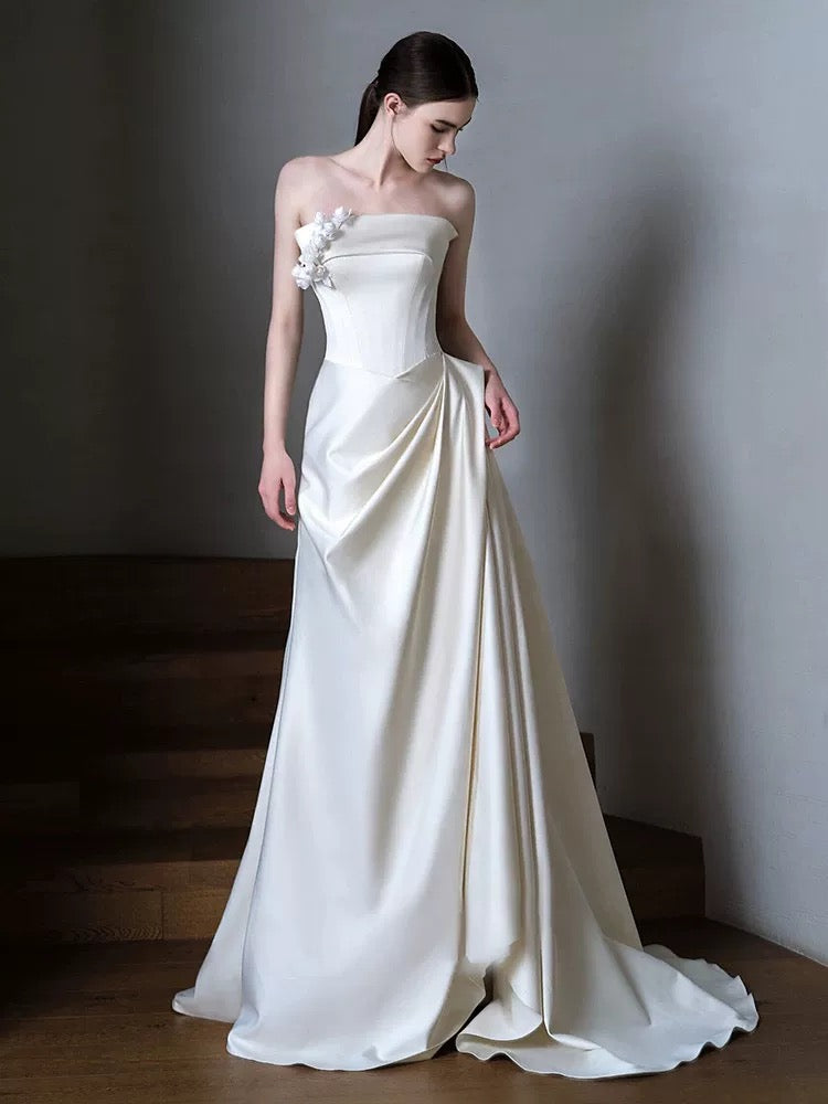 Unique Sheath Strapless Neckline Long White Satin Floral Wedding Dresses