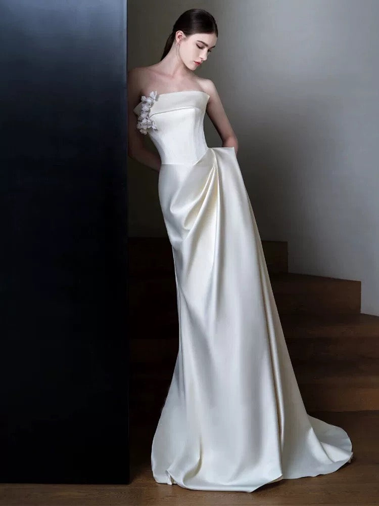 Unique Sheath Strapless Neckline Long White Satin Floral Wedding Dresses