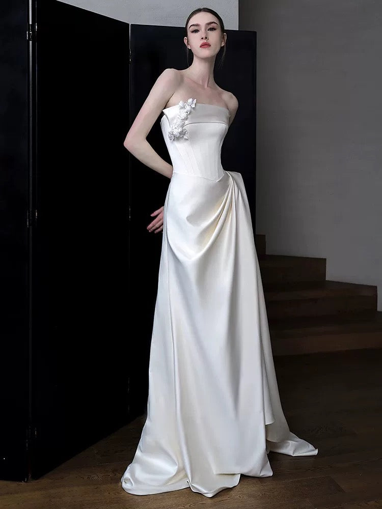 Unique Sheath Strapless Neckline Long White Satin Floral Wedding Dresses