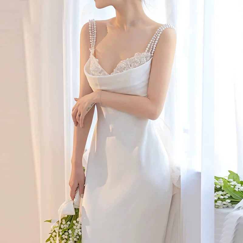 Unique Mermaid Straps Backless Pearls Pleats White Satin Wedding Dresses