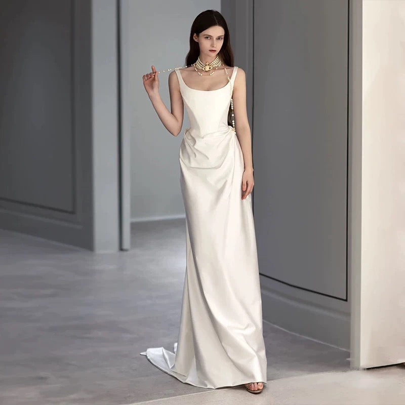 Unique Mermaid Square Neckline Satin Pleats White Wedding Dresses