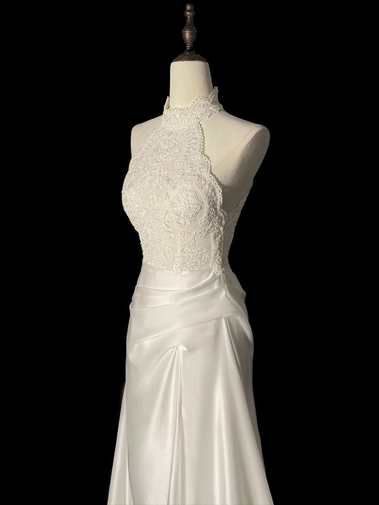 Unique Sheath High Neckline Satin Lace Ivory Wedding Dresses