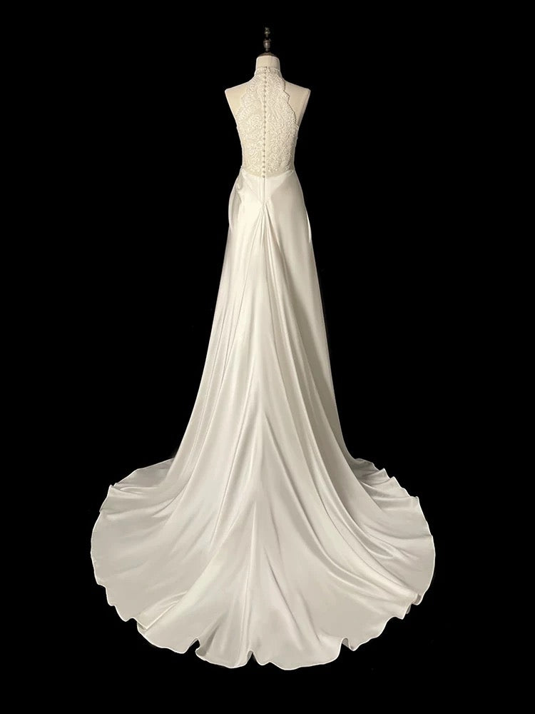 Unique Sheath High Neckline Satin Lace Ivory Wedding Dresses
