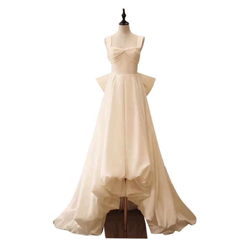 Timeless High Low Square Neckline Long White Satin Wedding Dresses