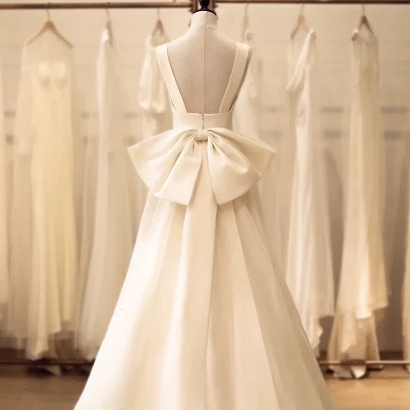 Timeless High Low Square Neckline Long White Satin Wedding Dresses
