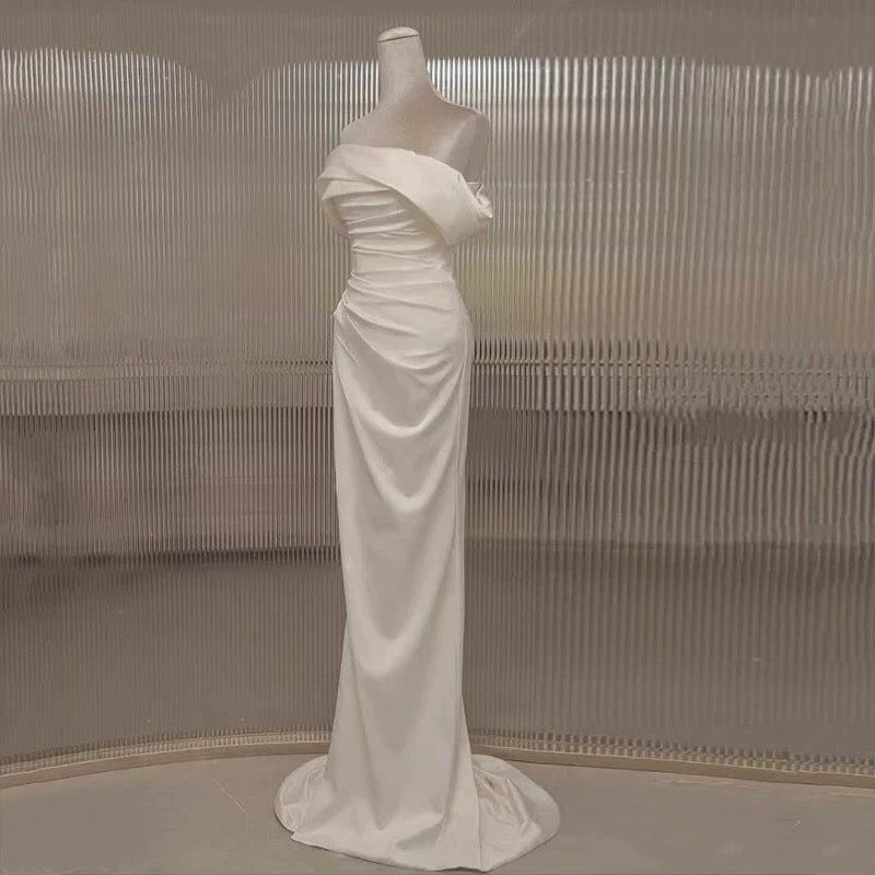 Timeless Mermaid Off The Shoulder Short Sleeves White Satin Wedding Dresses