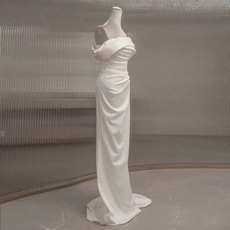 Timeless Mermaid Off The Shoulder Short Sleeves White Satin Wedding Dresses
