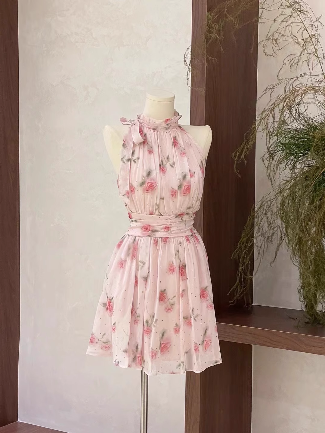 Cute A line Scoop Pink Chiffon Flora Holiday Dresses Short Birthday Dress