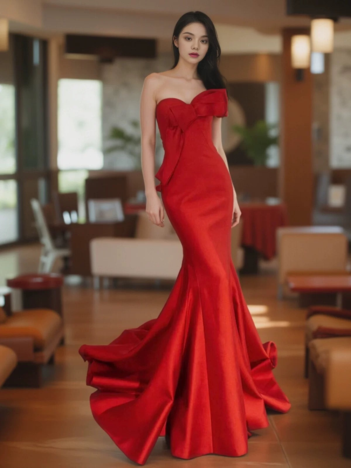 Pretty Mermaid Sweetheart Satin Long Red Prom Dress Evening Dress Formal Dress