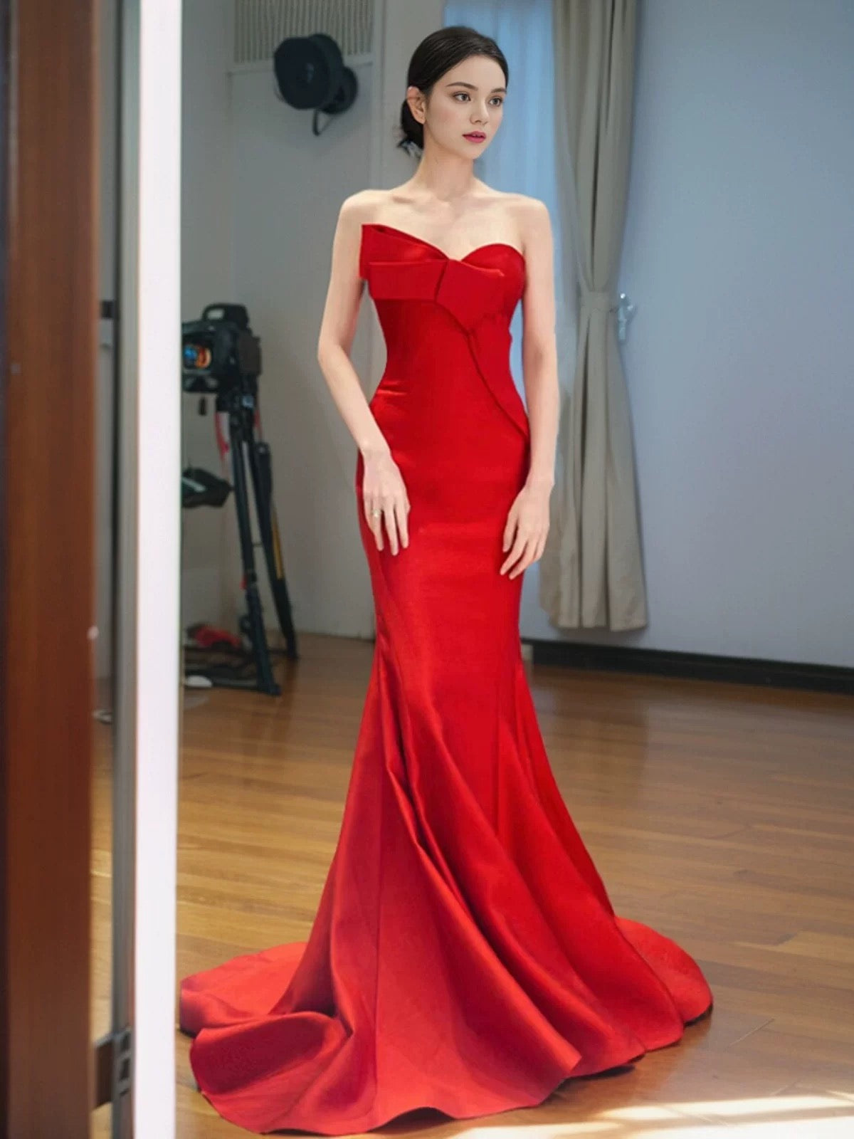 Pretty Mermaid Sweetheart Satin Long Red Prom Dress Evening Dress Formal Dress