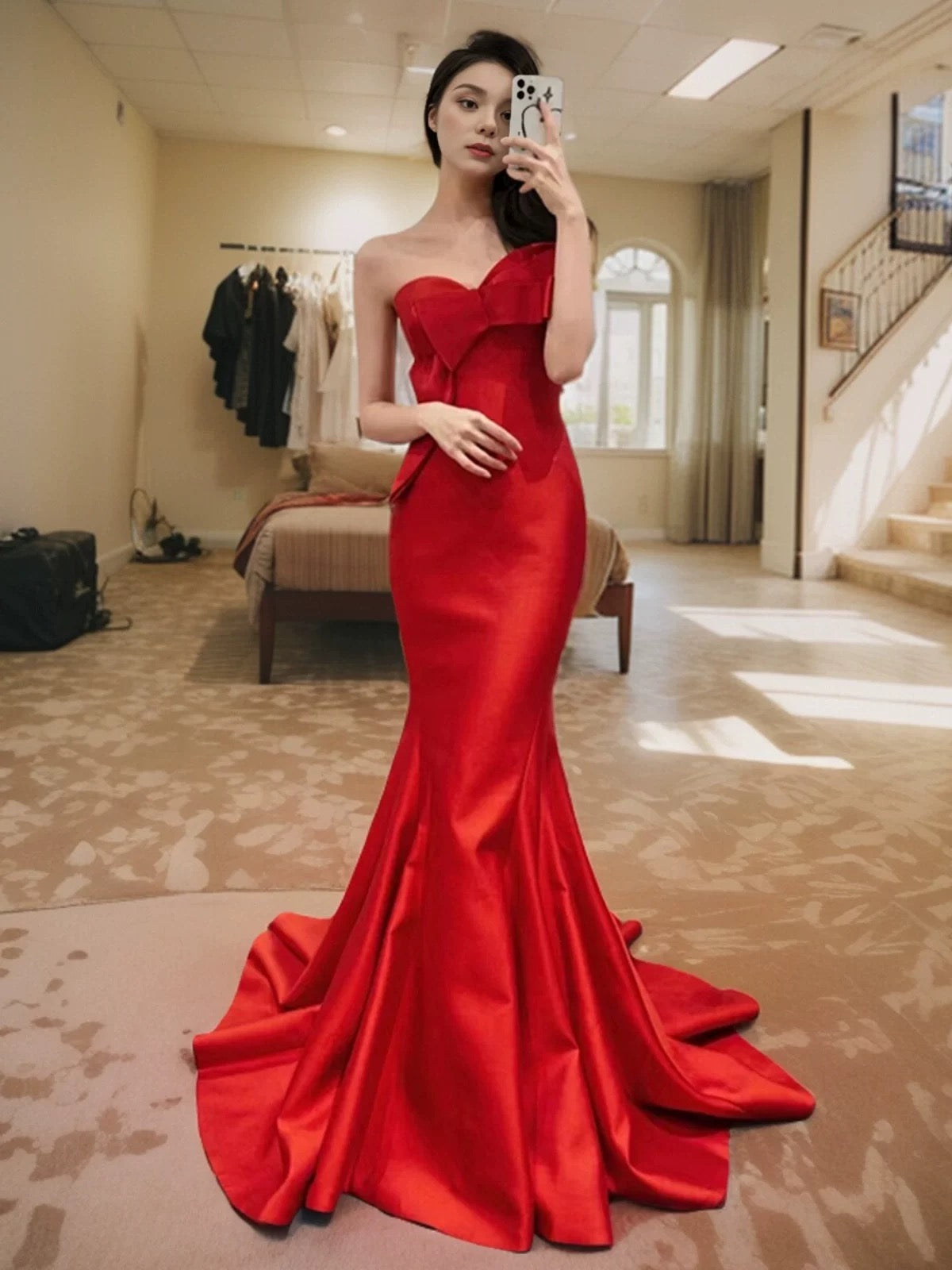 Pretty Mermaid Sweetheart Satin Long Red Prom Dress Evening Dress Formal Dress