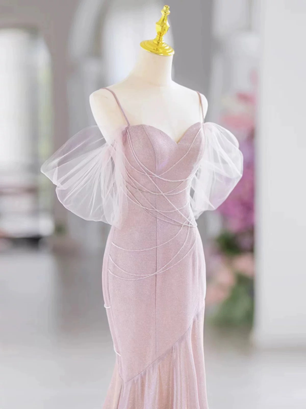Pretty Mermaid Spaghetti Straps Pink Long Prom Dress Evening Dress Formal Dress