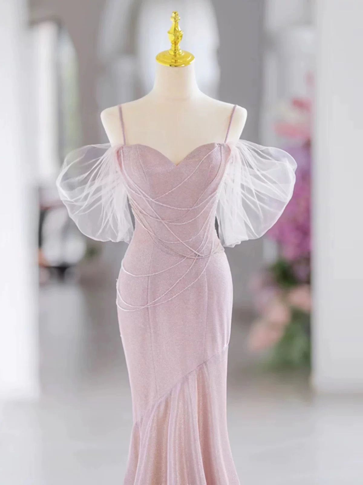 Pretty Mermaid Spaghetti Straps Pink Long Prom Dress Evening Dress Formal Dress