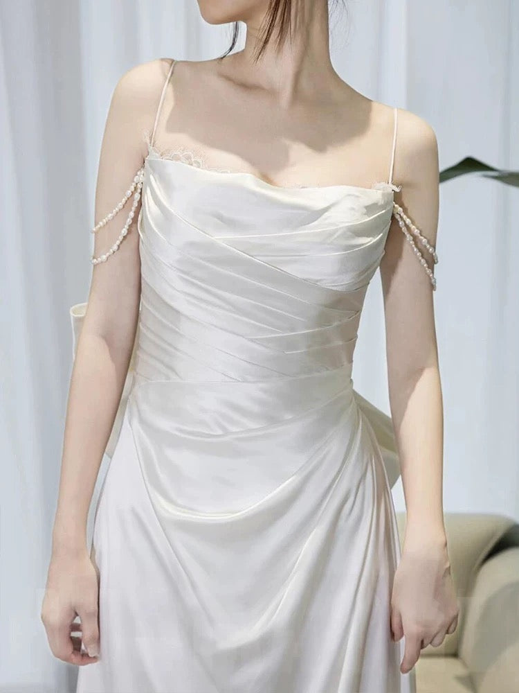 Timeless A line Spaghetti Straps White Satin Long Wedding Dresses
