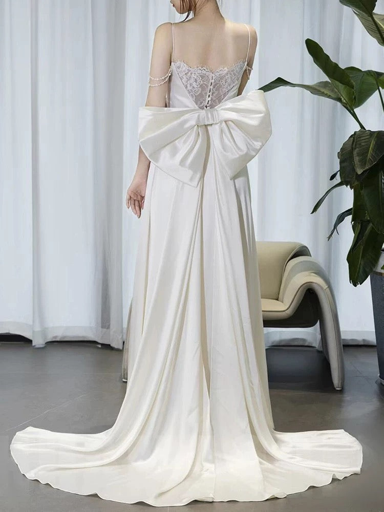 Timeless A line Spaghetti Straps White Satin Long Wedding Dresses
