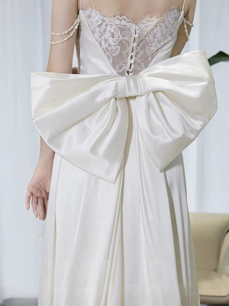 Timeless A line Spaghetti Straps White Satin Long Wedding Dresses