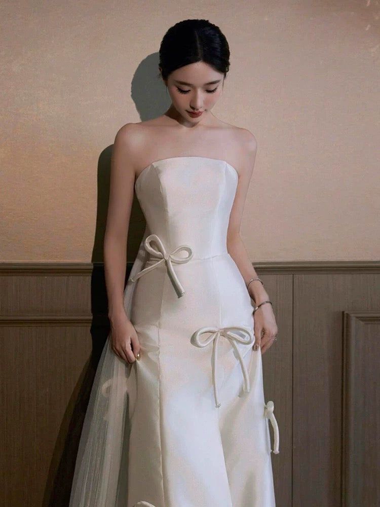 Timeless Mermaid Strapless White Satin Long Wedding Dresses Bridal Dress