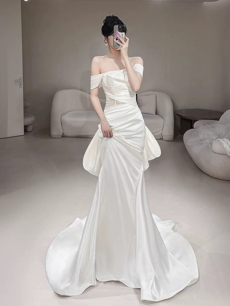 Timeless Mermaid Off The Shoulder White Satin Long Wedding Dresses Bridal Dress
