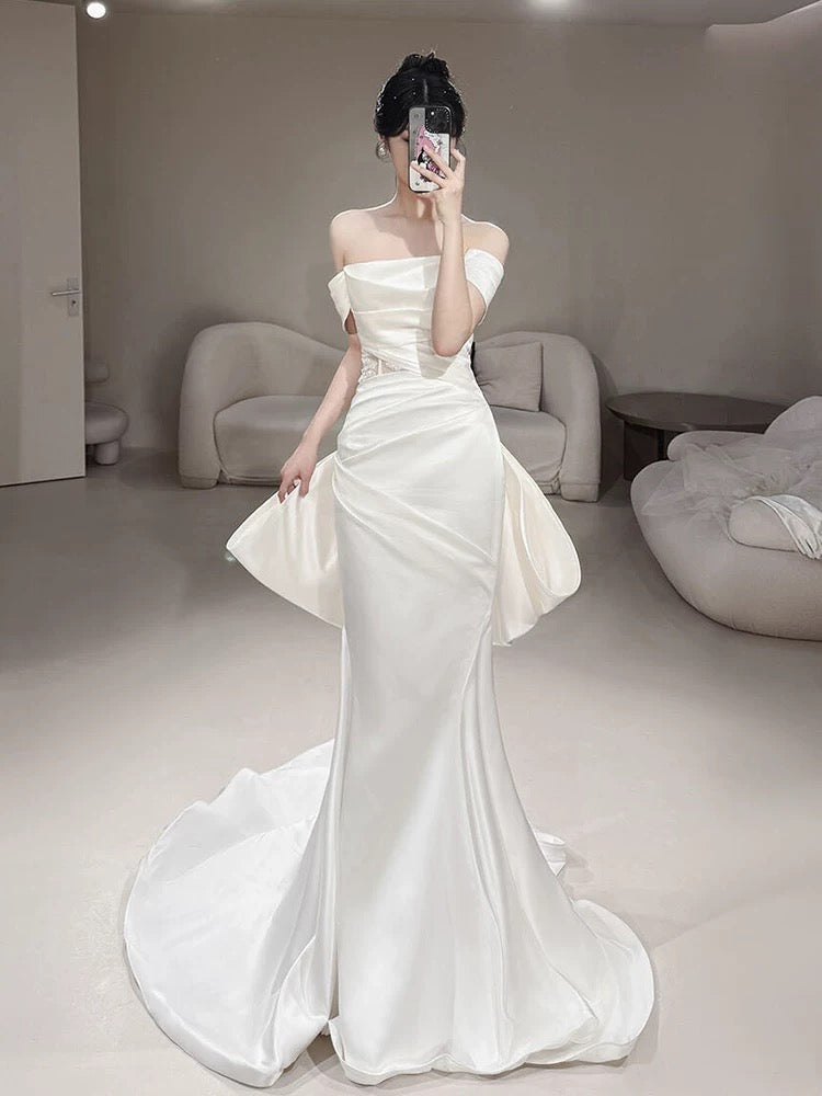 Timeless Mermaid Off The Shoulder White Satin Long Wedding Dresses Bridal Dress