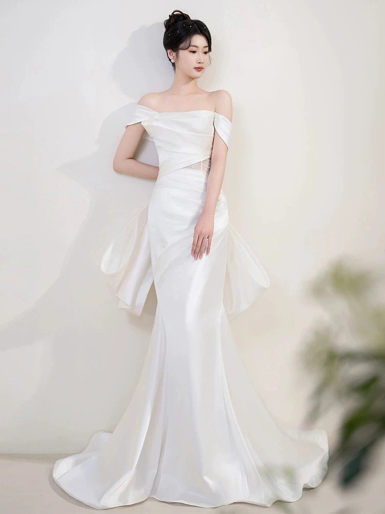 Timeless Mermaid Off The Shoulder White Satin Long Wedding Dresses Bridal Dress