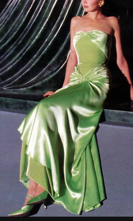 Vintage A line Strapless Satin Long Mint Green Prom Dresses Evening Dress With Fold