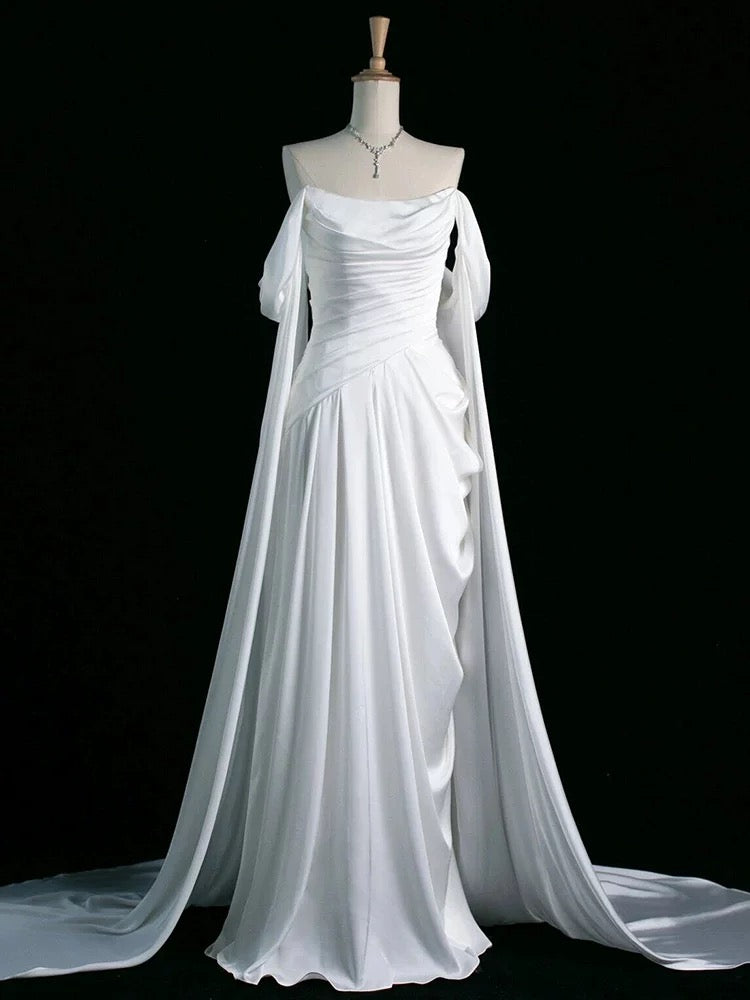 Vintage A Line Off The Shoulder Satin Prom Dresses Long Evening Gown Formal Party Dress