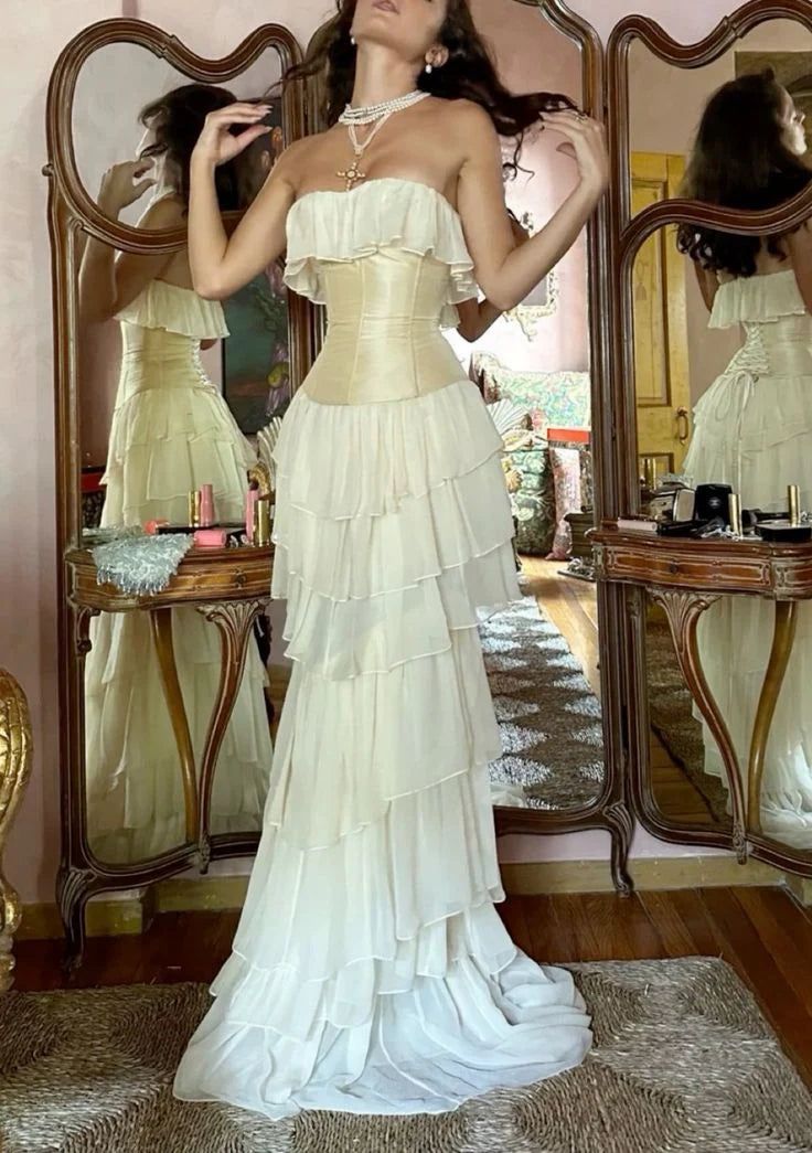Gorgeous A-Line Strapless Chiffon Long Prom Dresses Formal Evening Dress