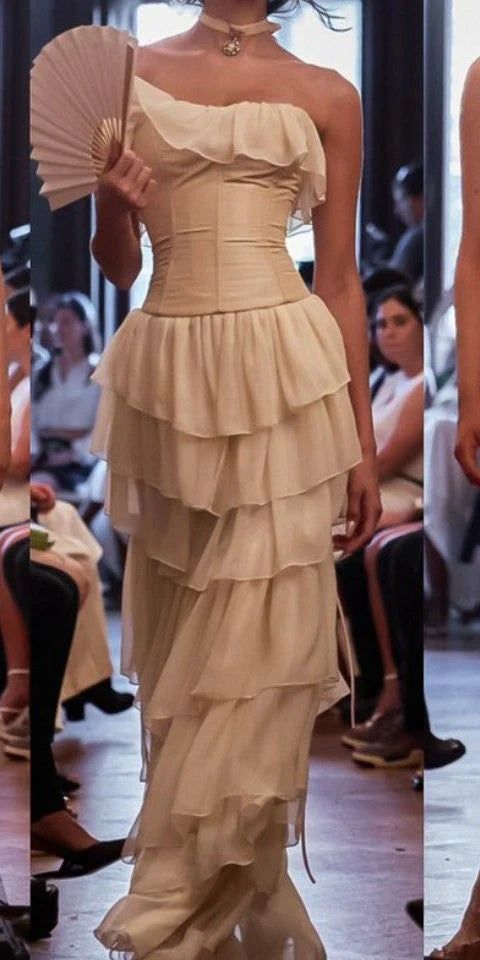 Gorgeous A-Line Strapless Chiffon Long Prom Dresses Formal Evening Dress