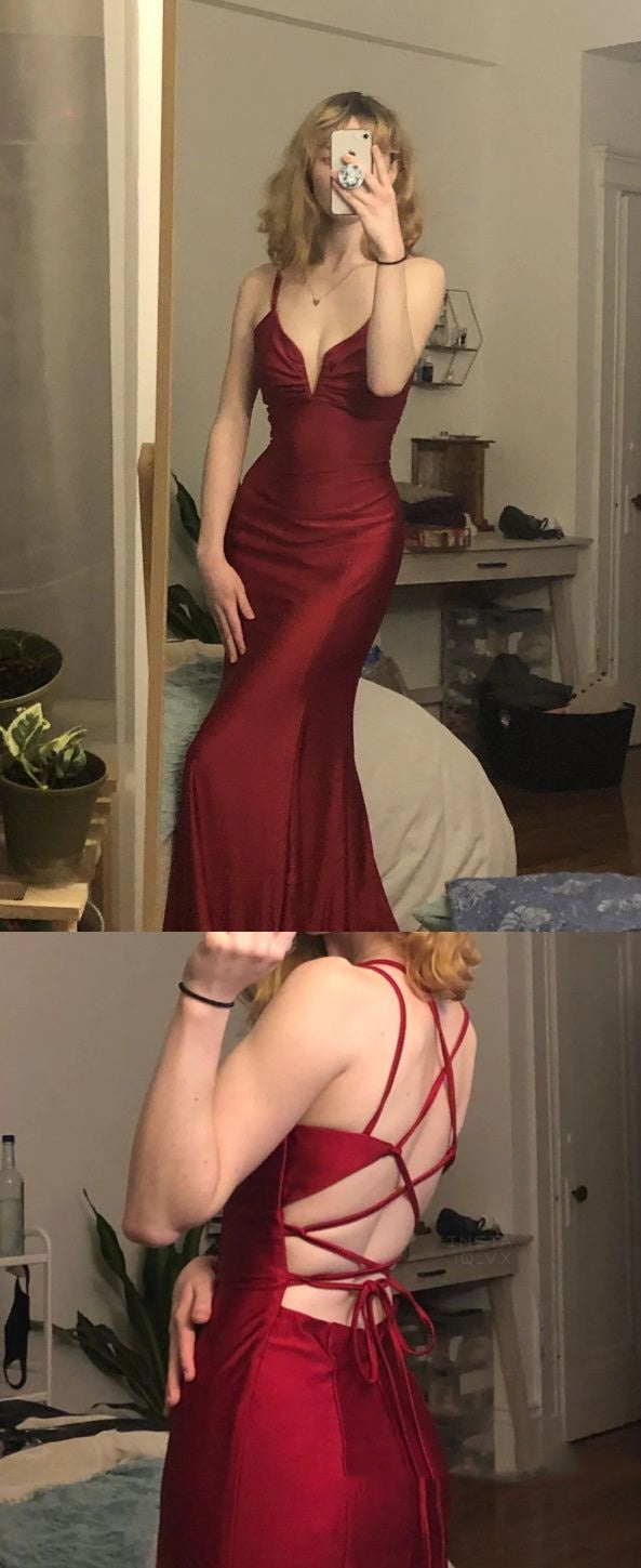 Burgundy mermaid long prom dress spaghetti straps simple prom dress