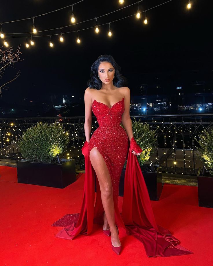 Sexy Mermaid Sweetheart Sequin Red Prom Dresses Long Party Dress