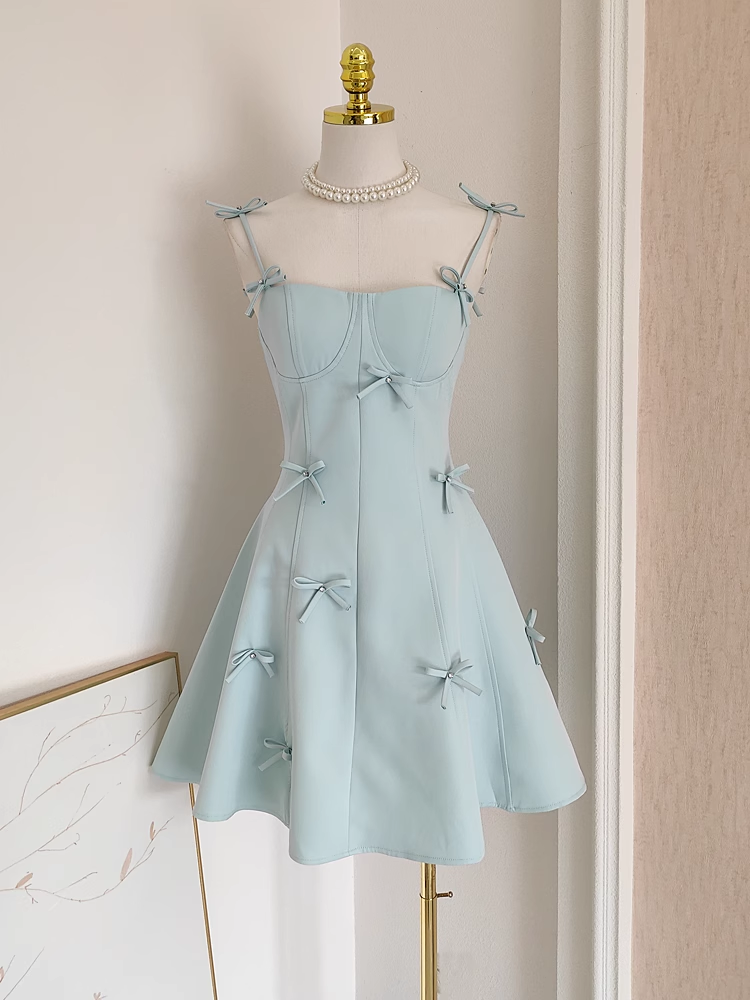 Simple Ball Gown Straps Satin Blue Short Birthday Outfits 16th Birthday Dresses
