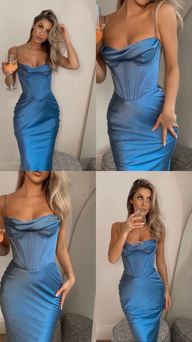 Sexy Mermaid Spaghetti Straps Blue Satin Prom Dresses Long Party Dress