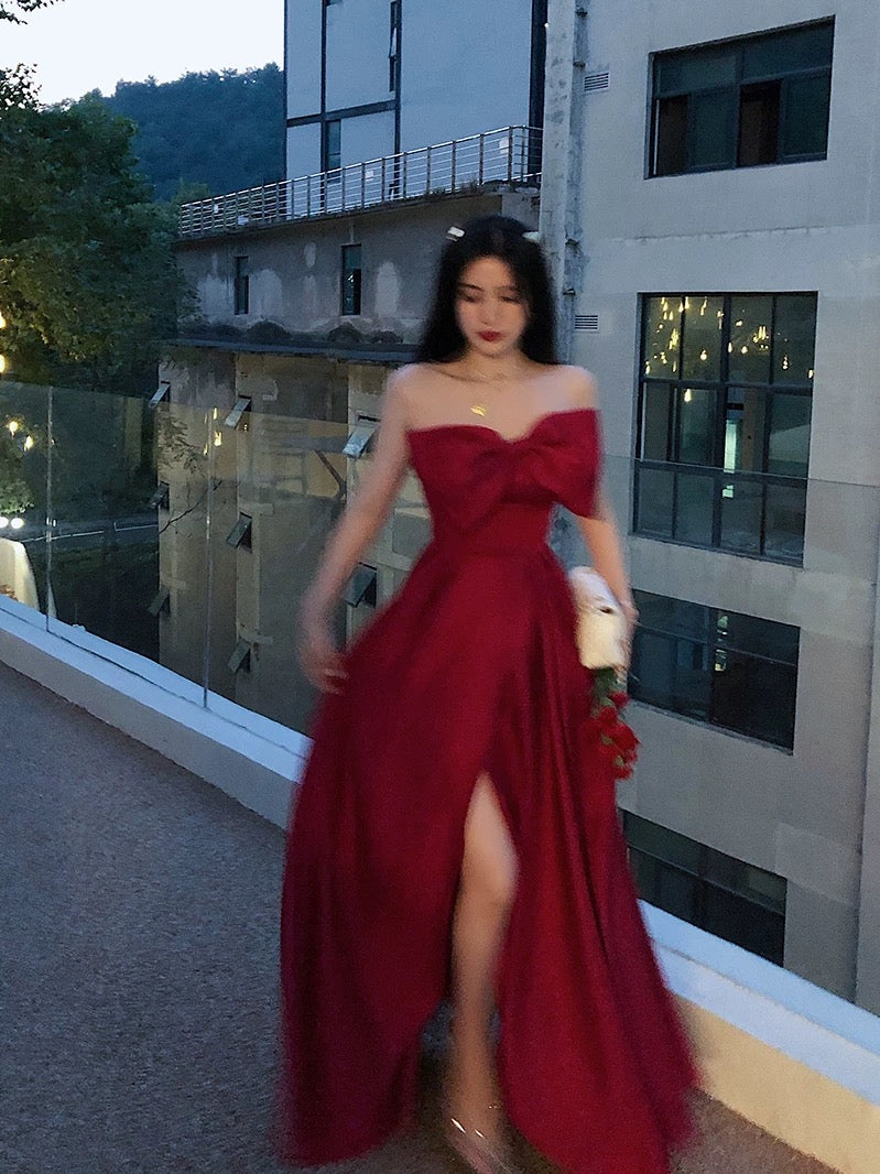 Sexy A Line Strapless Wine Red Slit Prom Dresses Long Party Dress