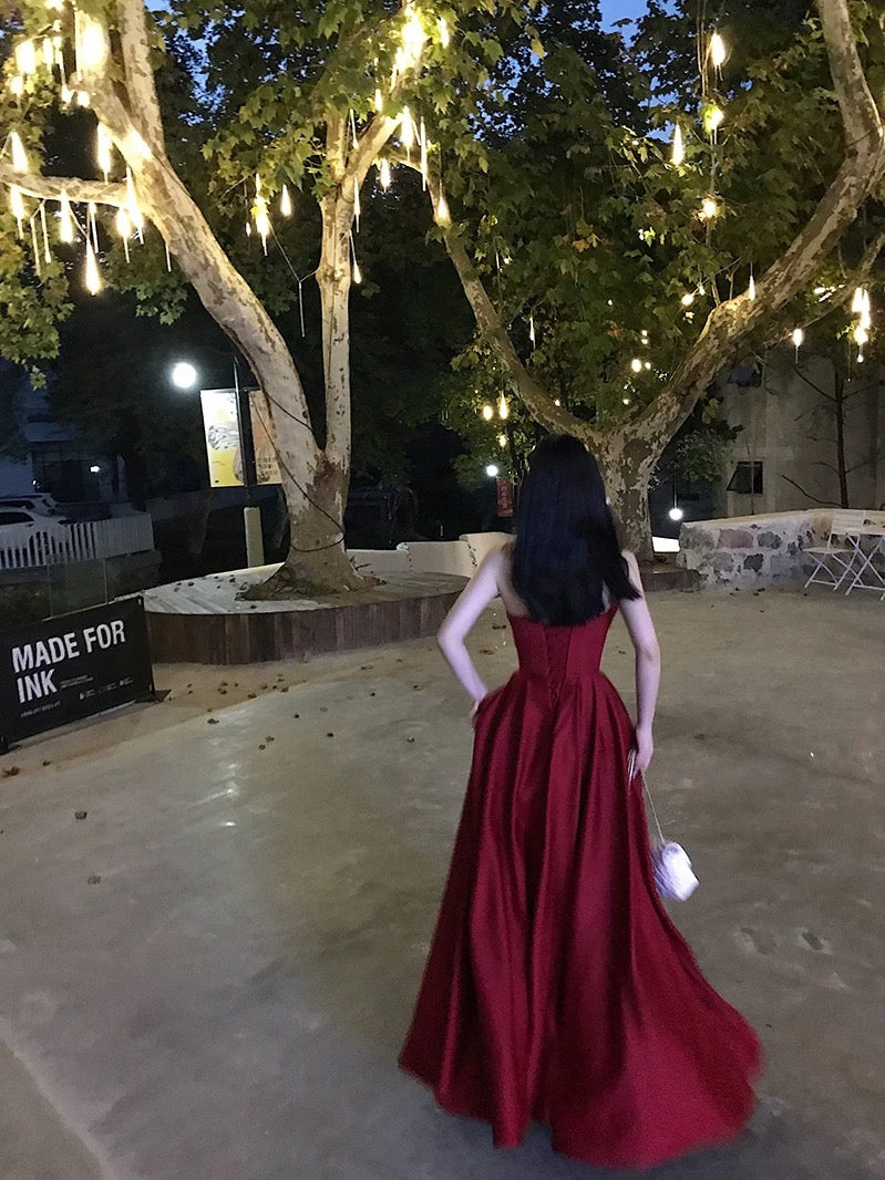Sexy A Line Strapless Wine Red Slit Prom Dresses Long Party Dress