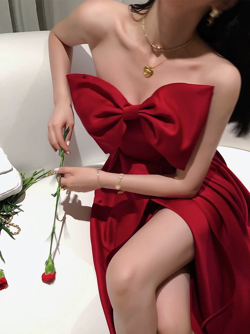 Sexy A Line Strapless Wine Red Slit Prom Dresses Long Party Dress