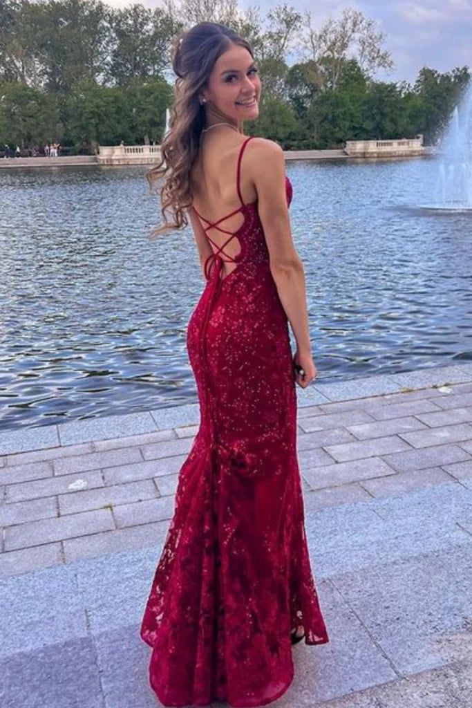 Pretty Mermaid Spaghetti Straps Burgundy Backless Prom Dresses Long Party Dress