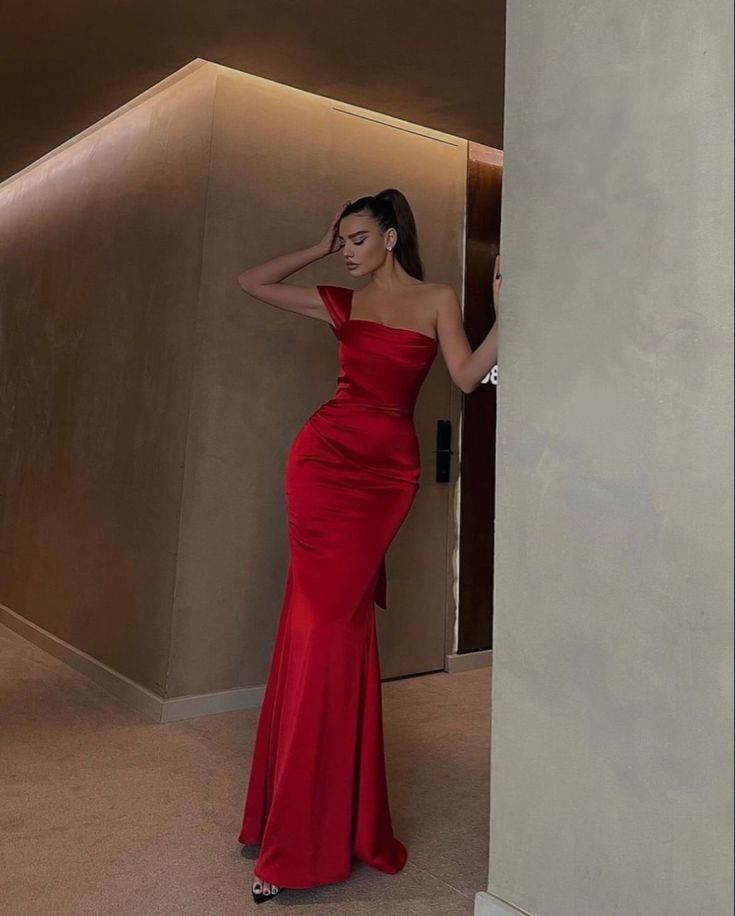 Pretty Mermaid One Shoulder Red Satin Prom Dresses Long Party Dress