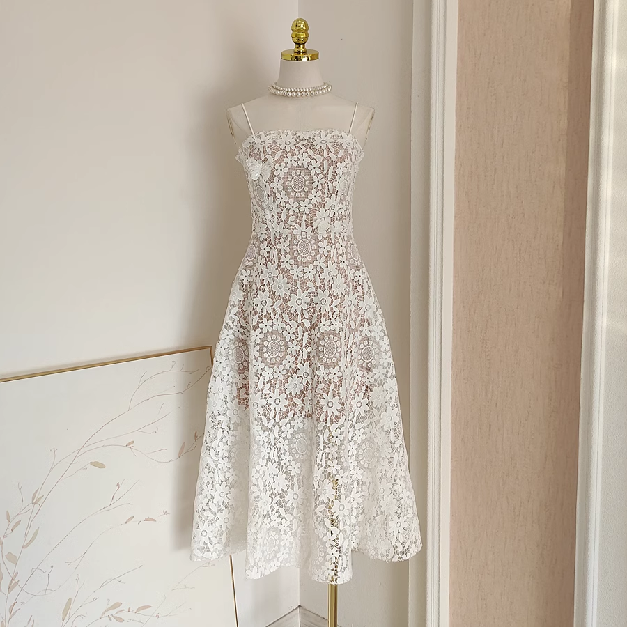 Sexy A Line Spaghetti Straps Tulle Lace White Women's Holiday Birthday Dresses