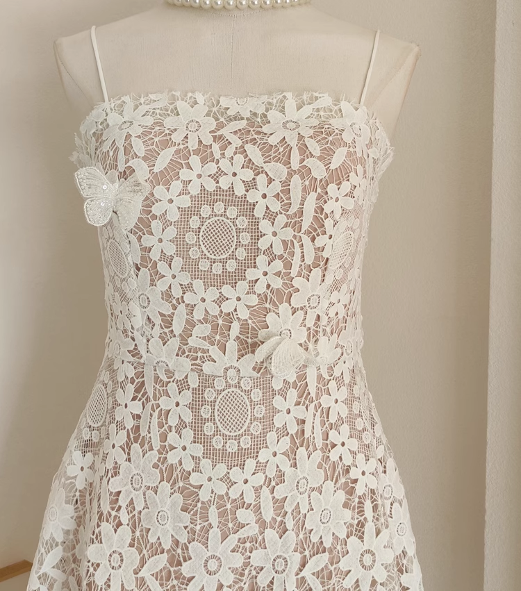 Sexy A Line Spaghetti Straps Tulle Lace White Women's Holiday Birthday Dresses