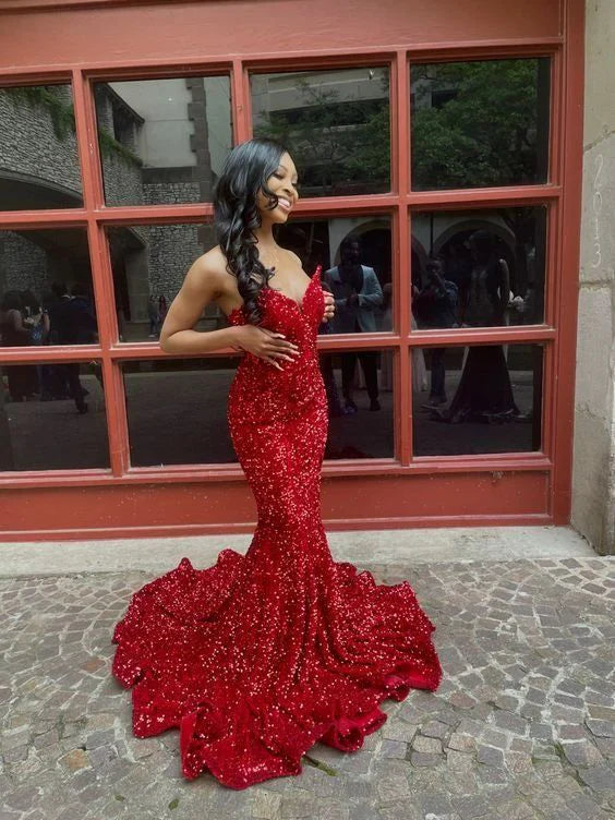 Sexy Mermaid Sweetheart Sequin Red Long Prom Dresses Party Dress