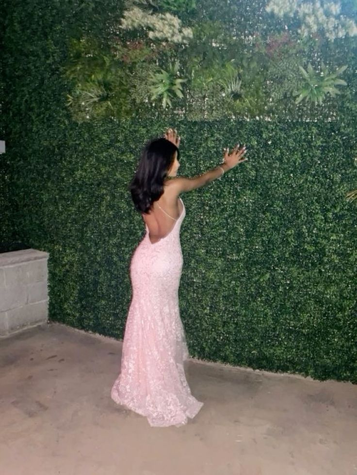 Pretty Mermaid Spaghetti Straps Blush Pink Lace Prom Dresses Long Party Dress