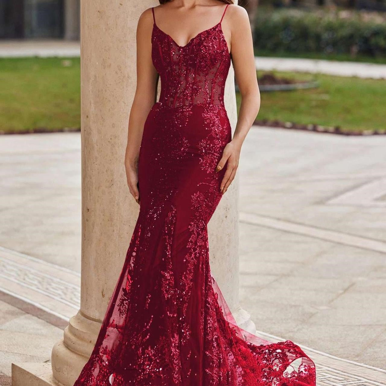 Pretty Mermaid Spaghetti Straps Burgundy Lace Prom Dresses Long Party Dress