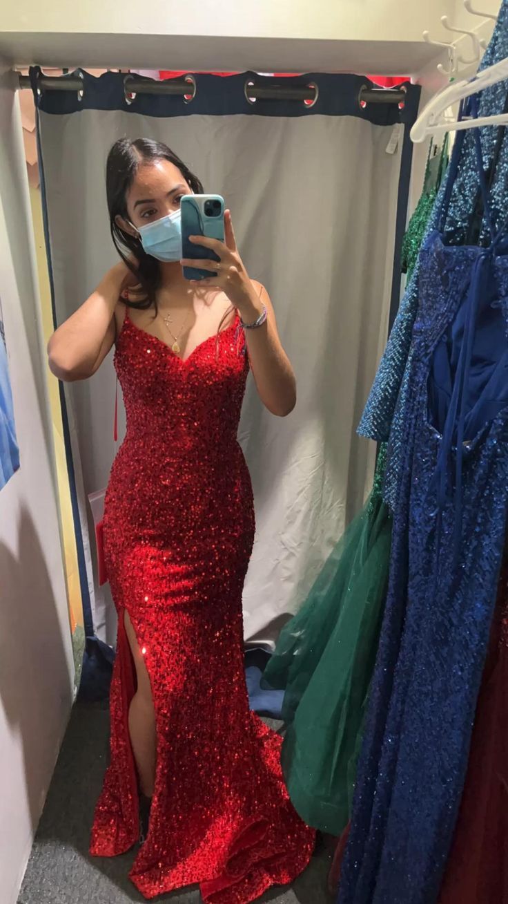 Pretty Mermaid Spaghetti Straps Red Sequin Slit Prom Dresses Long Party Dress