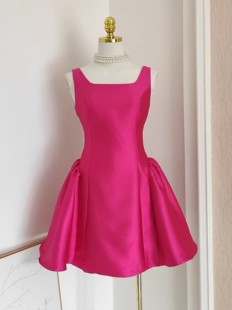 Cheap A line Straps Hot Pink Satin Short Homecoming Dresses Birthday Outfits