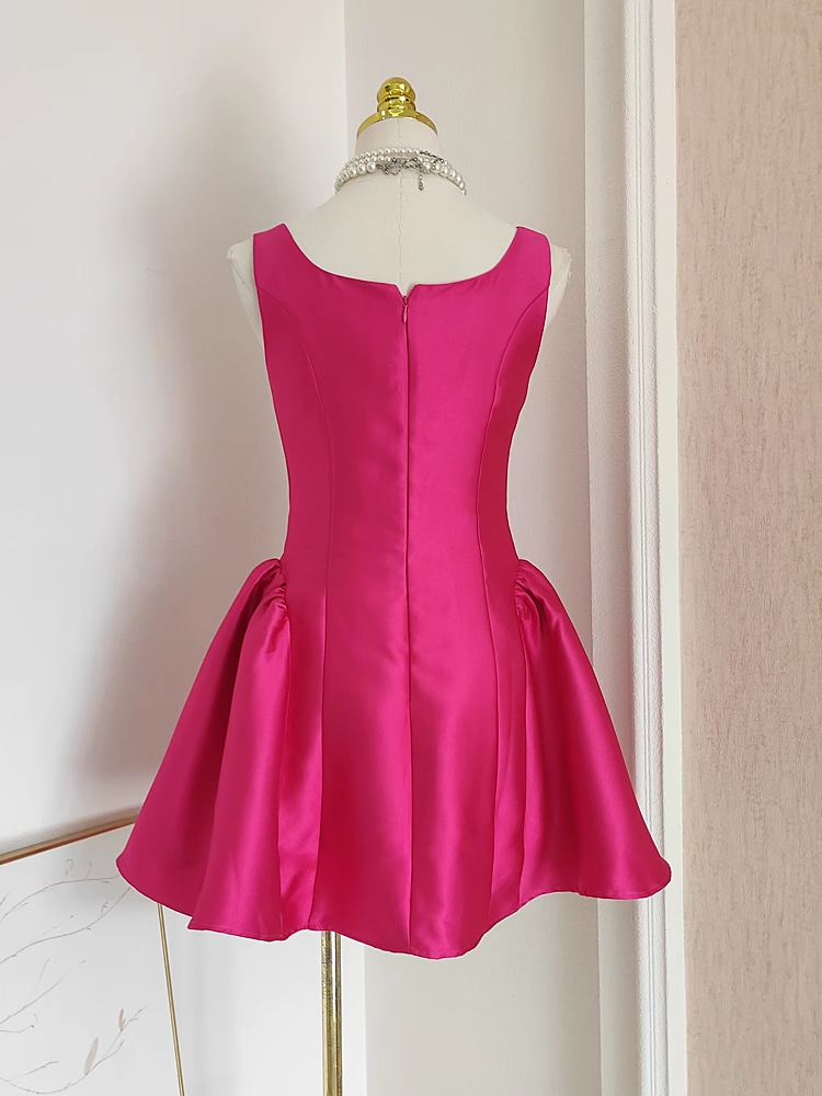 Cheap A line Straps Hot Pink Satin Short Homecoming Dresses Birthday Outfits
