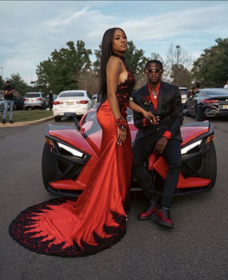 Sexy Mermaid High Neckline Satin Red Black Lace Prom Dresses Long Party Dress