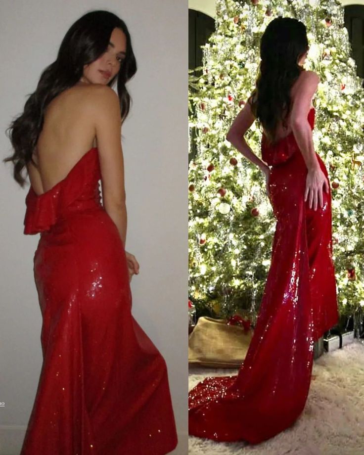 Pretty Mermaid Strapless Sequin Red Prom Dresses Long Party Dress