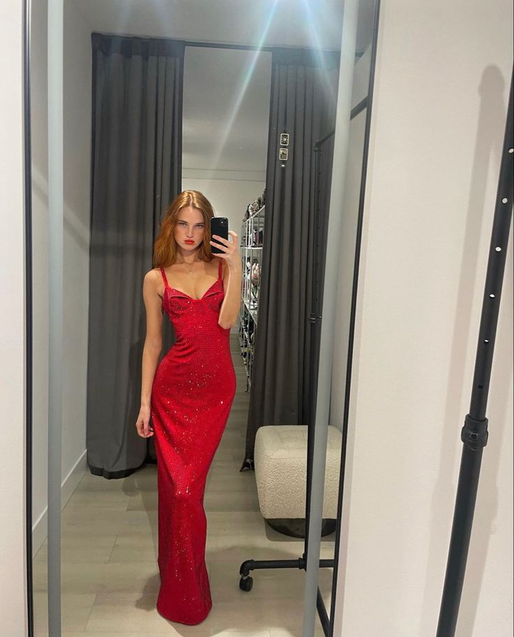 Pretty Mermaid Straps Sequin Red Prom Dresses Long Party Dress
