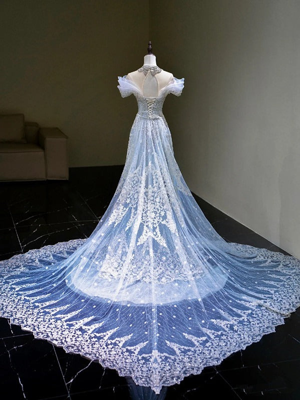 Pretty Mermaid Off The Shoulder Tulle Silver Beads Long Prom Dresses Formal Evening Dress