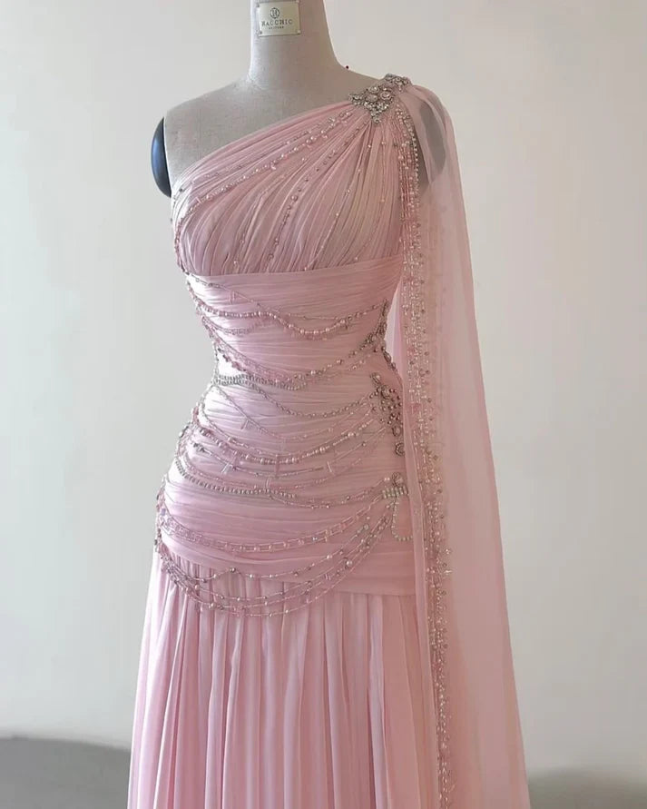 Vintage One Shoulder Pink Beaded A Line Chiffon Evening Dress Elegant Prom Dress